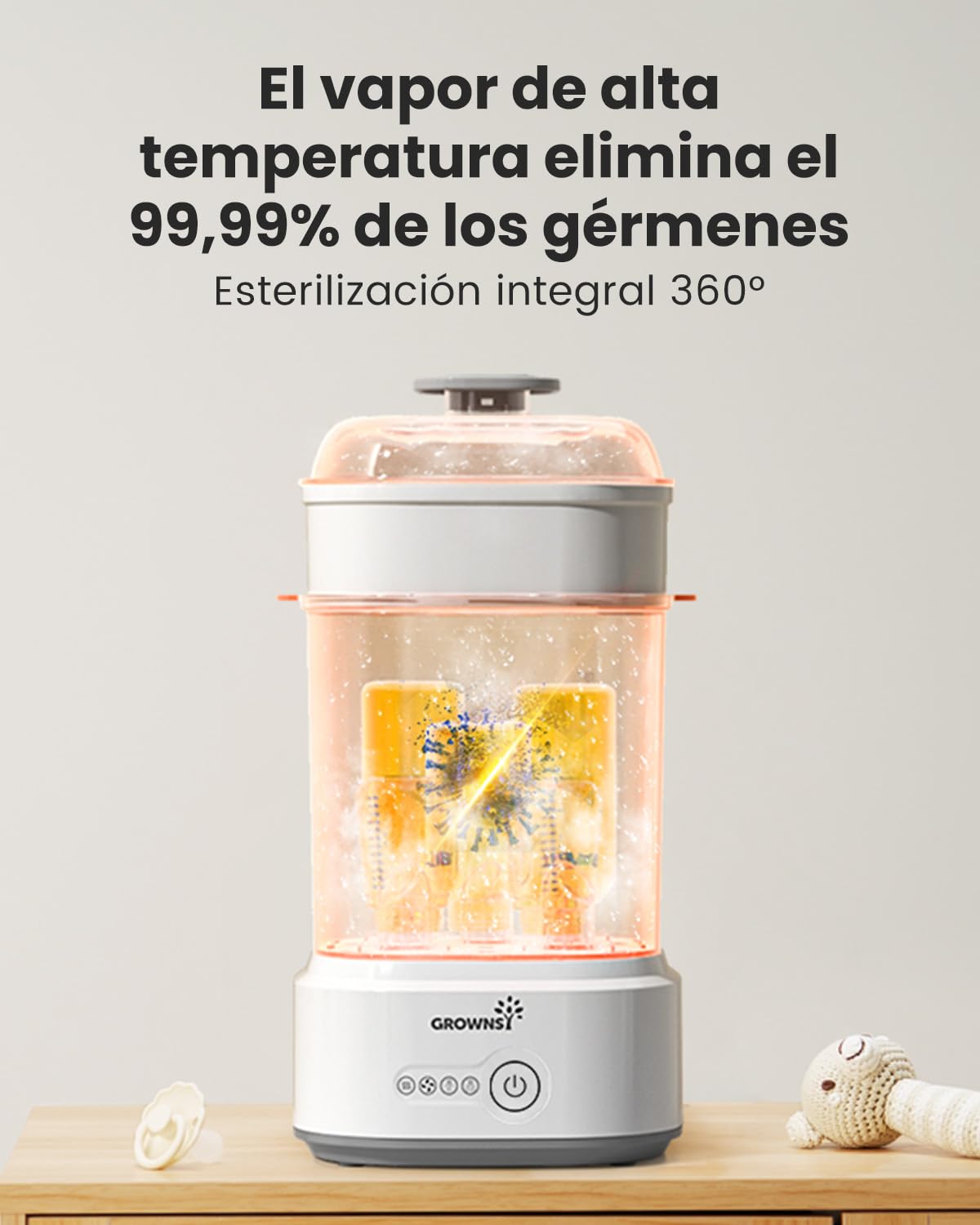 Grownsy Esterilizador y Secador de Biberones 5 en 1 – Eléctrico, Compacto y Rápido, para Biberones, Chupetes y Piezas de Sacaleches