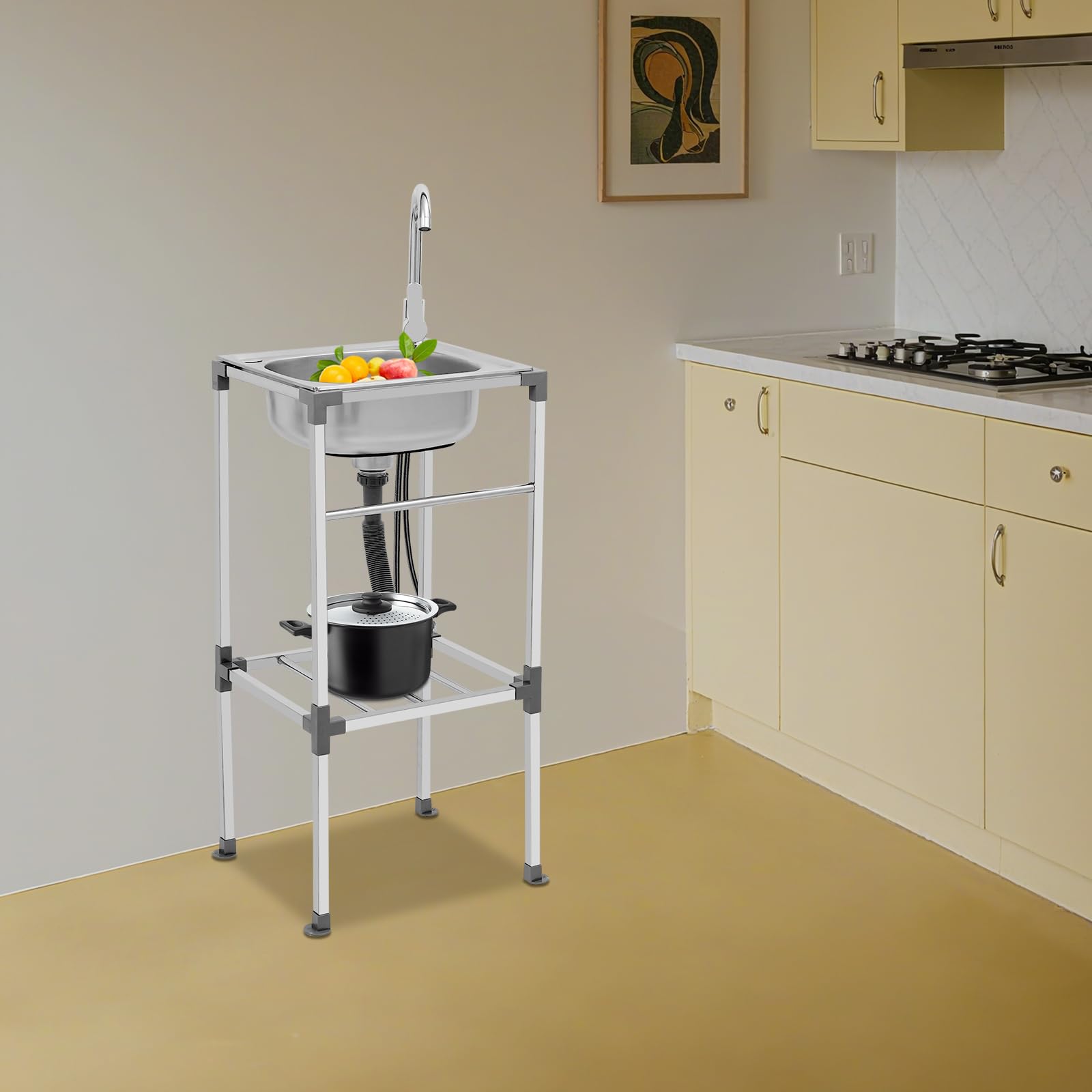 Freistehende Spüle 42x37x83cm, Edelstahl Spültisch mit Unterschrank Und Wasserhahn, Outdoor Spüle, Mobile Spüle für Restaurant Waschkiche Garage, Tragfähigkeit 60kg