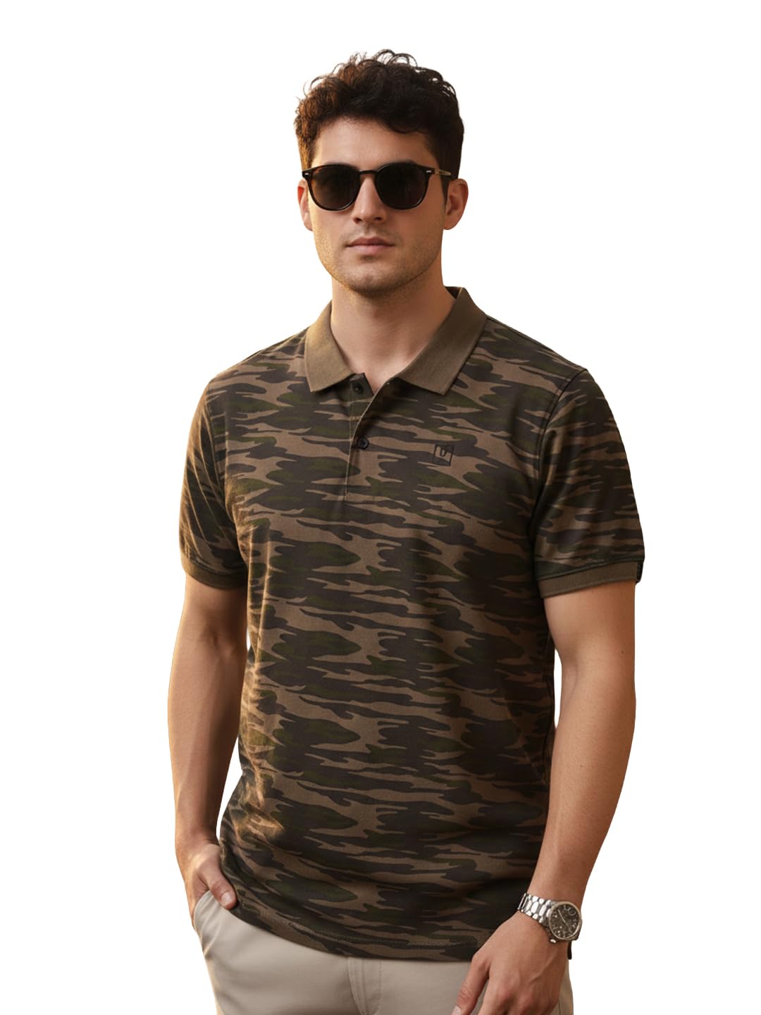 urbano fashion Men's Green Military Camouflage Printed Slim Fit Cotton Polo T-Shirt-picture-39