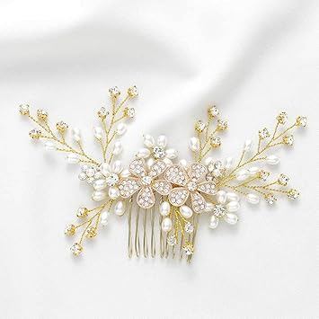 Asooll Bride Wedding Hair Comb Flower Bridal Head Clip Rhinestone Crystal Headpiece for Women and Girls (Gold)