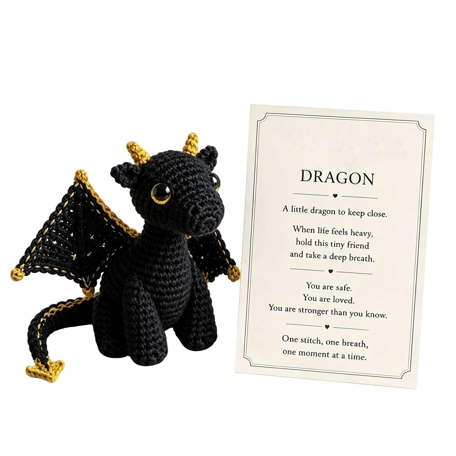 Crochet Dragon Stuffed Animal, Emotional Support Dragon With Card (Black)