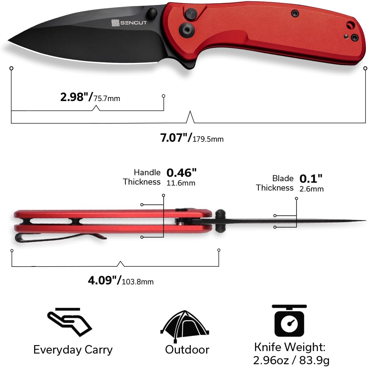 SENCUT ArcBlast Button Lock Knife for EDC, Folding Pocket knife with Aircraft-grade Aluminum Handle and 2.98" 9Cr18MoV Blade, Outdoor Gift for Men and Women S22043B-4 (Red)
