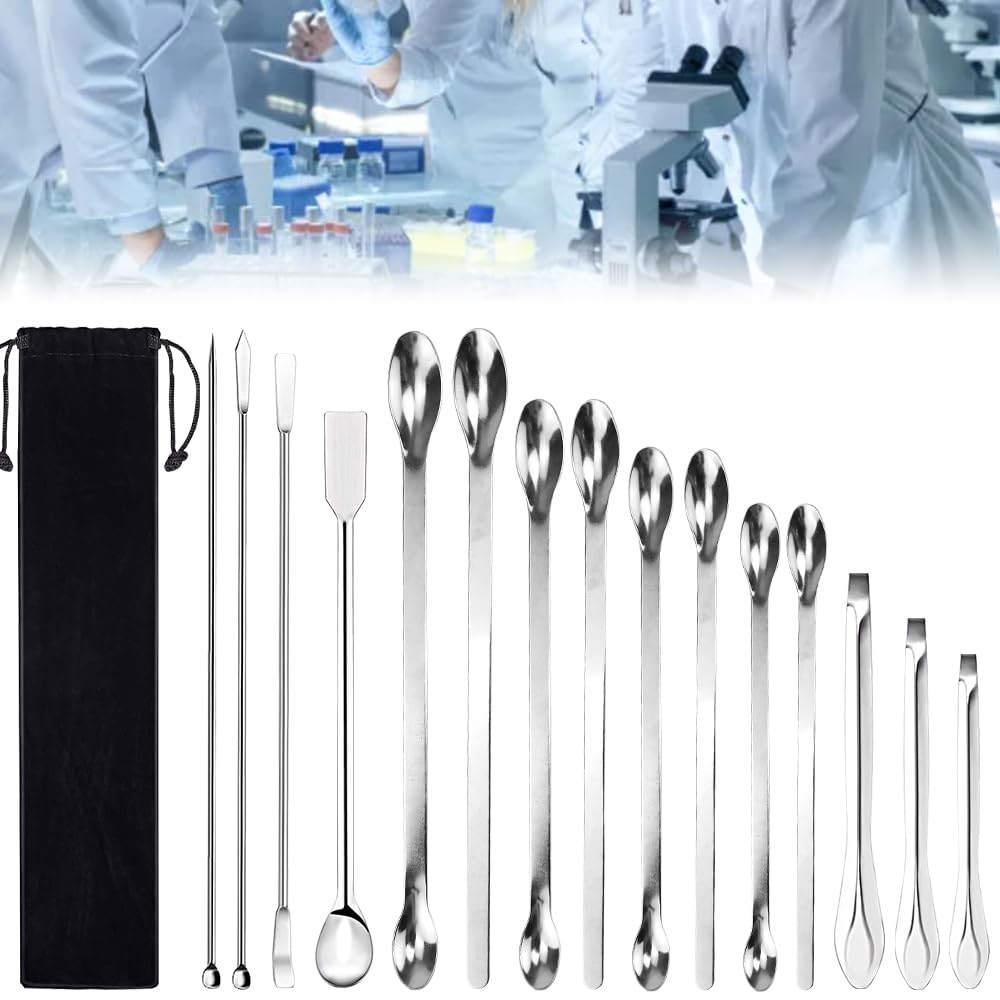 15 Pz Spatola e Cucchiaio da Laboratorio Spatola in Acciaio Inossidabile Laboratorio Micro Paletta a Doppia Testa Cucchiaio con Custodia in Velluto per Polveri di Campionamento in Laboratorio