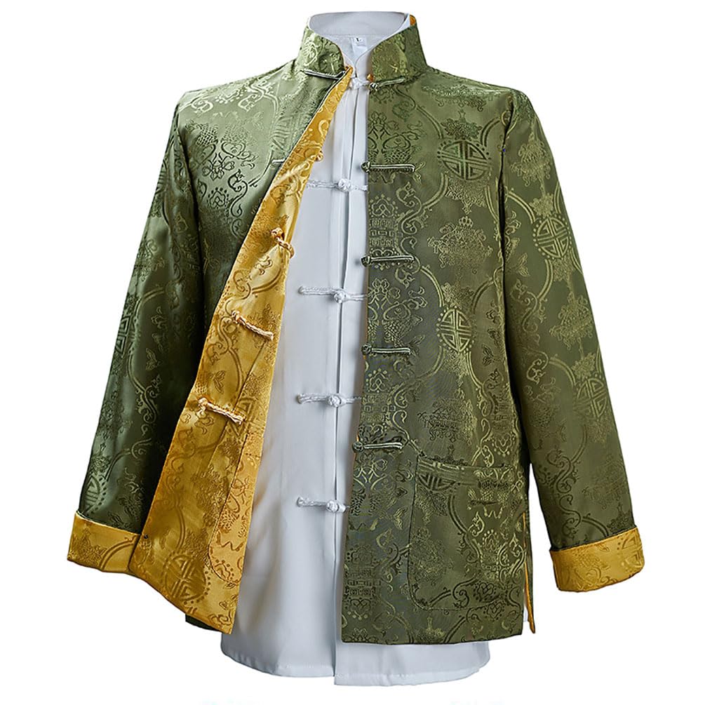Men's Tang Jacket with Contrast Lining Chinese Traditional Frog Button Jacket Long Sleeve Stand Collar Tangzhuang Coat