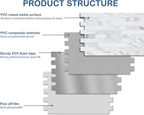 Vista 13 de Midcard 20 hojas de azulejos de pared de PVC para salpicaduras, para salpicaduras de cocina Luna plateada envejecida
