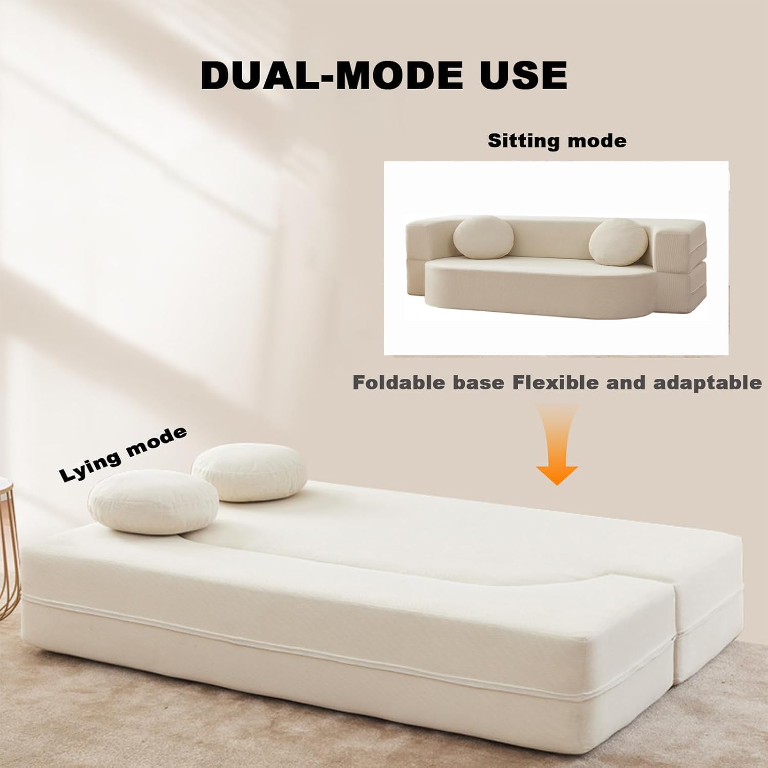 Kompressionssofa umbaubares Schlafsofa Zweisitzer Cord-Matratze ausklappbar Bequeme Lounge fürs Wohnzimmer funktionaler Memory-Schaum mit Armlehnen Couch für kleine Räume(100cm/39 in,Cream)