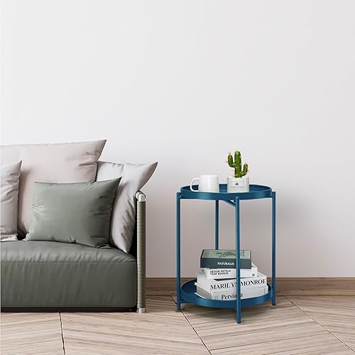 Miniatura 8 de danpinera - Mesa auxiliar de 2 niveles, mesa lateral exterior de metal redonda con bandeja extraíble, mesa de acento pequeña, mesita de noche