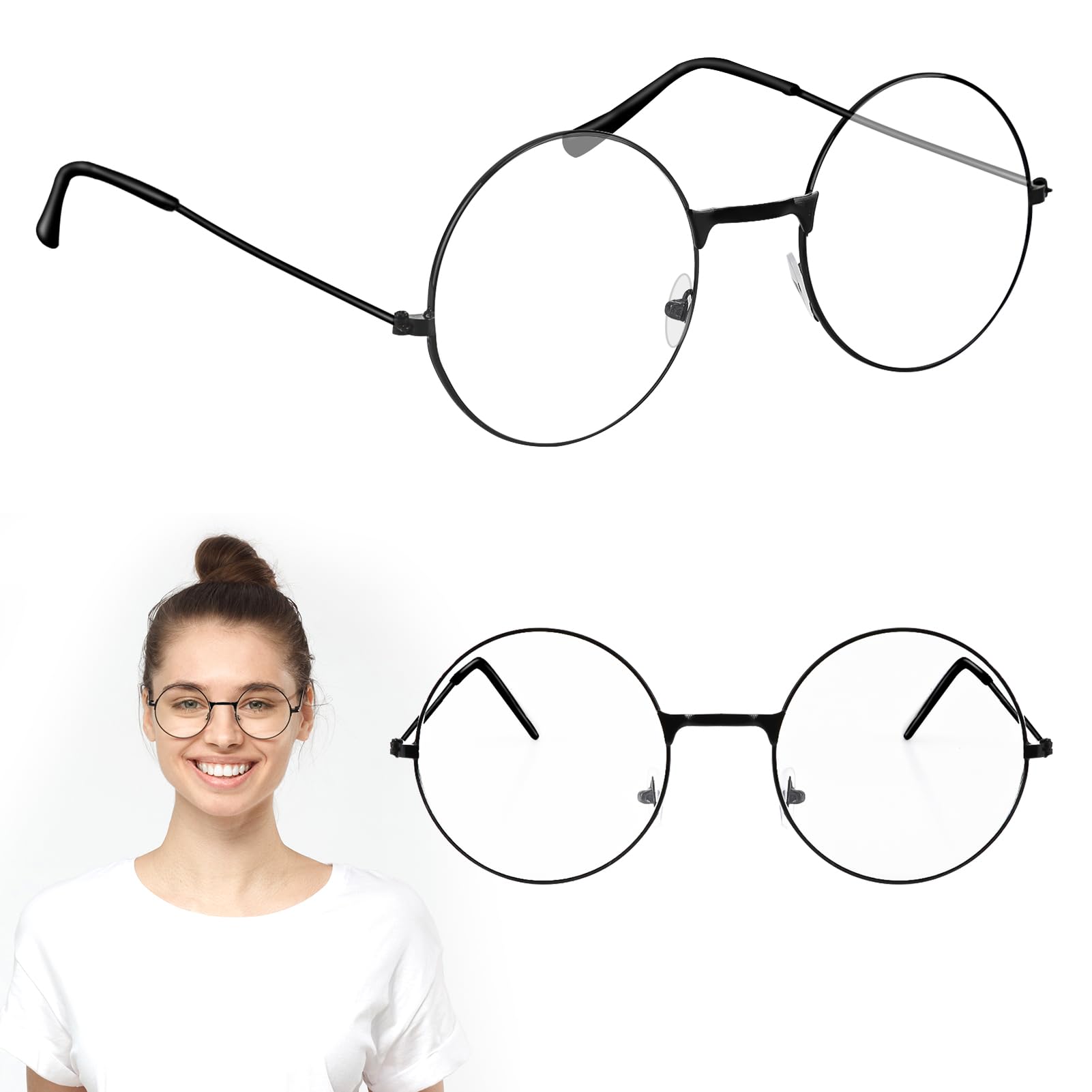 NGUIT 2Pairs Fancy Dress Round Glasses Unisex Christmas Black Classic Wizard Fake Cosplay Nerd Glasses Clear Lens Metal Frames No Makeup Party Costume Vintage Accessories Prom