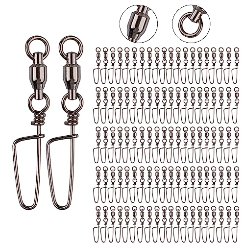 Goture 100PCS High Strength Stainless Steel Fishing Ball Bearing Swivel with Coastlock Snap, Welded Ring, Saltwater Corrosion Resistant Black Nickel Coating - 15Lb to 187Lb