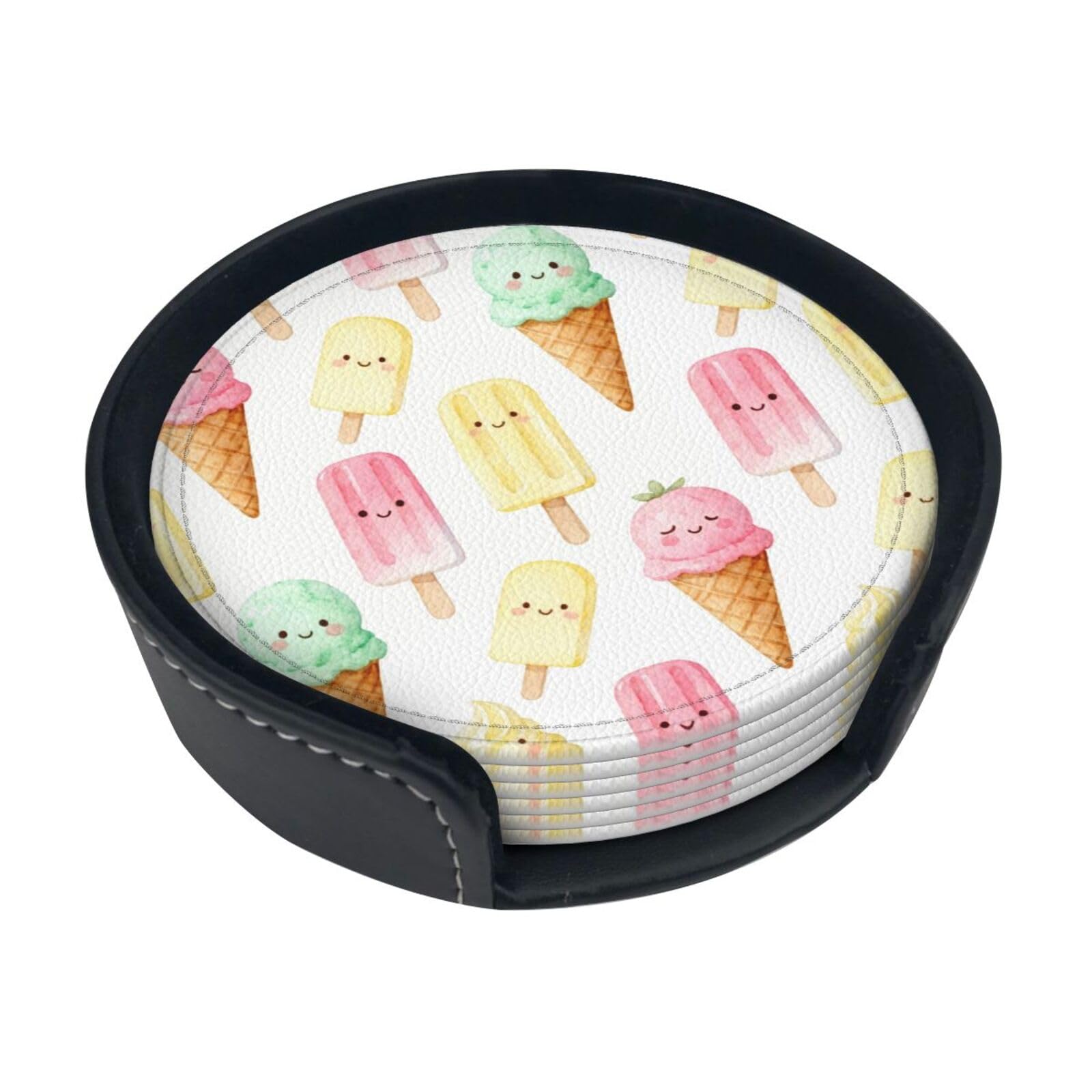 Cntdbu White Ice Cream Paradise Leather Coasters Set Of 6-Pu Leather Drink Mats For Table, Heat Resistant Round Coasters With Holder