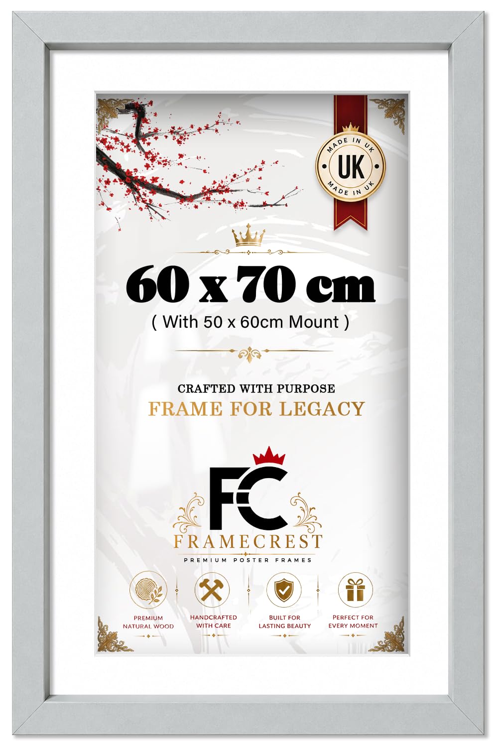 Framecrest Ltd - 60 X 70 CM Picture Frame With 60 X 50 CM White Mount, Gallery Style Photo Frame For Portrait And Landscape, Large Wall Display, Ideal For Home, Office And Gallery Walls - [Light Grey] — image 1