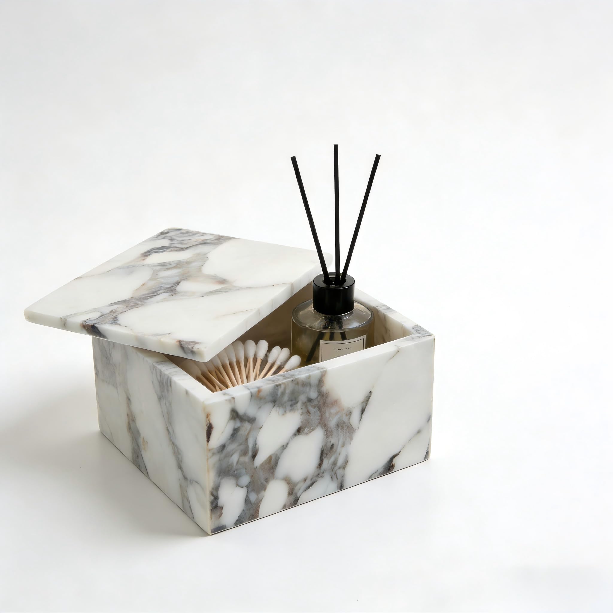 Marmor Aufbewahrungsbox, Naturstein Organizer für Kosmetik und Kleinteile, Weiß mit Schwarzer Maserung, Rechteckig, Multifunktional für Badezimmer, Schlafzimmer, Küche (Quadrat.)