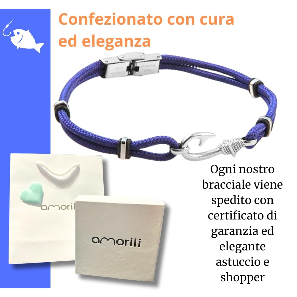 Bracciale Amo da Pesca Pescatore in Acciaio Inox e Corda | Gioiello Nautico Maschile | Braccialetto Sportivo e Resistente | Idea Regalo Uomo Amante del Mare bcc1602b