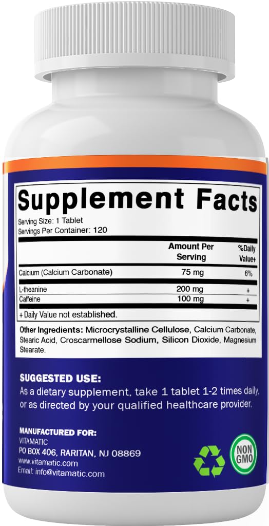 Vitamatic L-Theanine 200 mg with Caffeine 100 mg, 120 Tablets, Made in USA — Amazon image 8