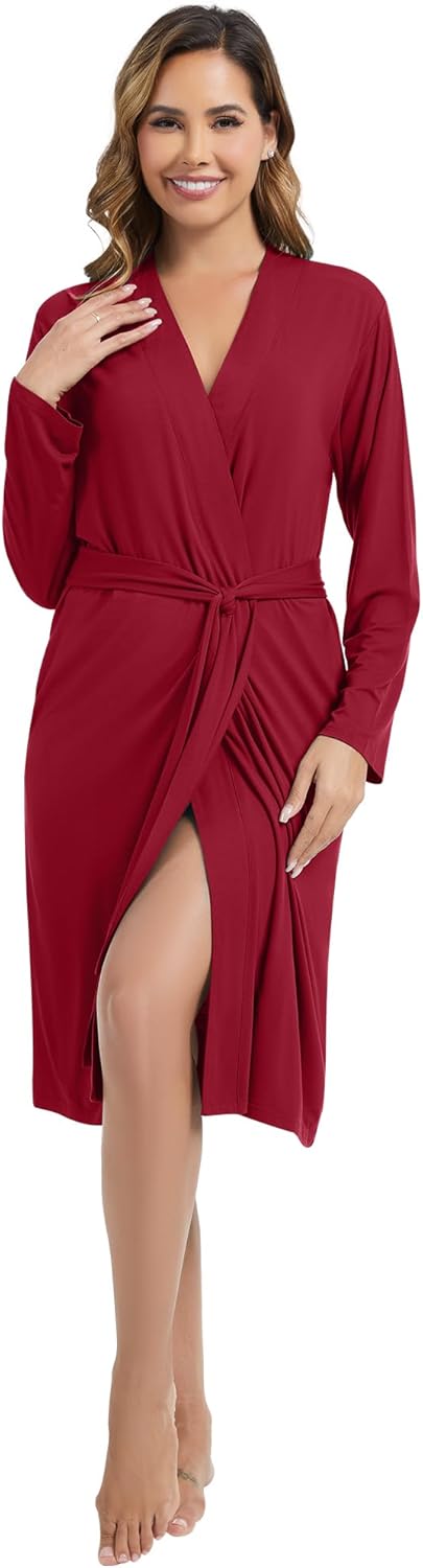 WiWi Women's Robe Long Sleeve Bathrobe with Pockets Soft Kimono Spa Lightweight Robes Bamboo Viscose Loungewear S-XXL