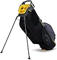 Callaway golf stand bag in black with yellow accents featuring a dual-stand system, storage compartments, and club dividers