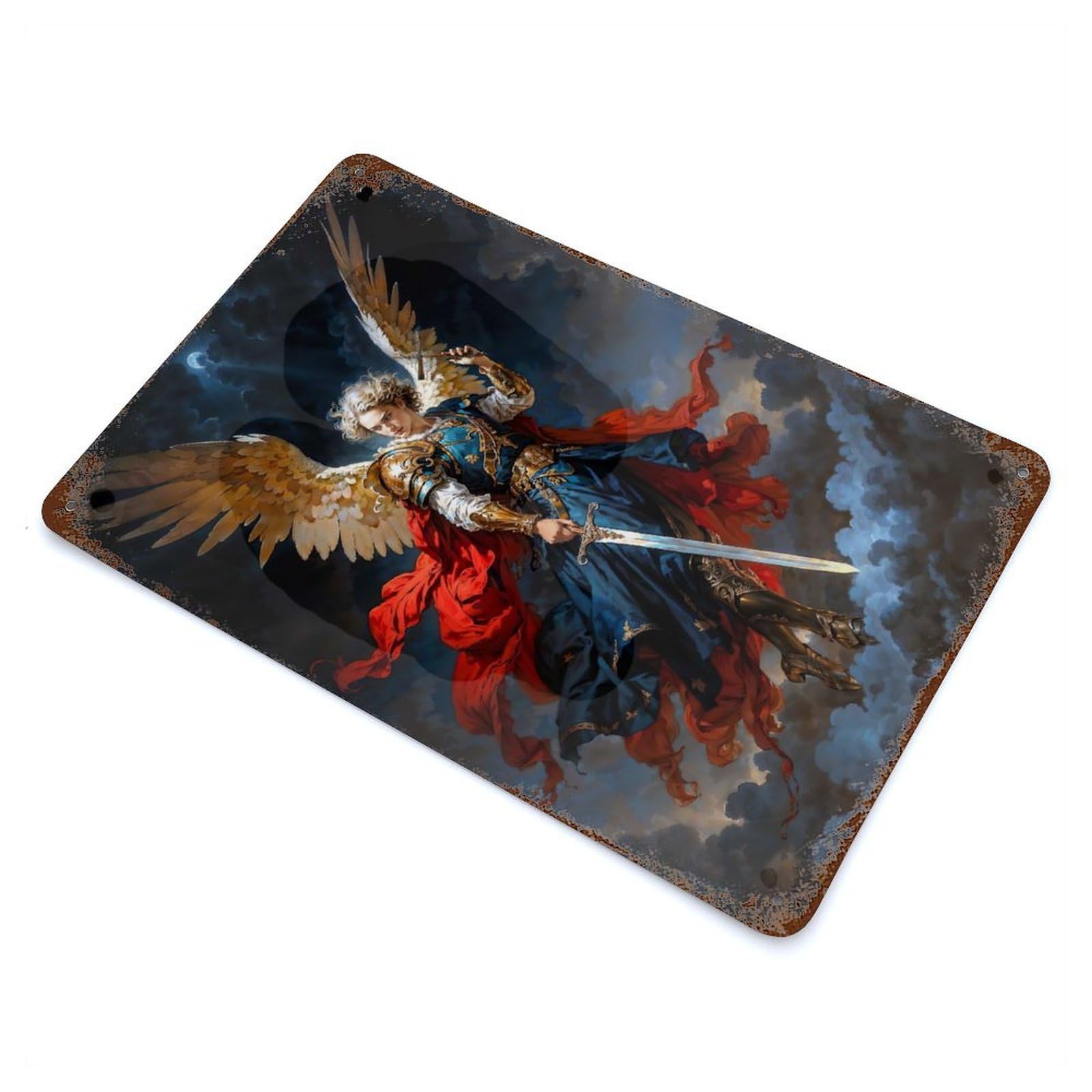 Garage Style Archangel Michaekl with Sword And Wings Aged Metal Wall Plaque 11.8"x7.9", Farmhouse Wall Decor for Bar And Workshop