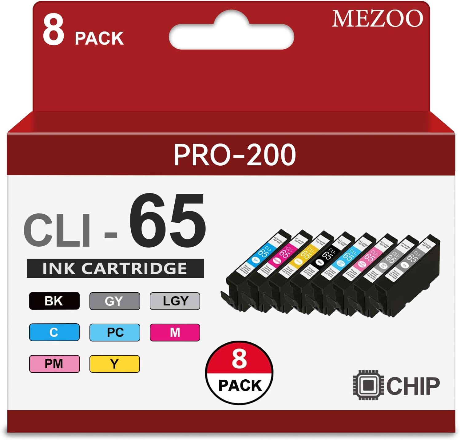 CLI-65 Ink Cartridge High Capacity Replacement for CLI65 CLI-65 Ink Cartridges for PIXMA PRO-200 PRO-200S Professional Photographic Inkjet Printers (8-Pack, BK, C, M, Y, PM, PC, GY, LGY)