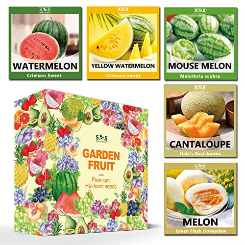 5 Variety Melon Fruit Seeds Packets - Crimson Watermelon, Green Honeydew Melon, Melothria Scabra, Cantaloupe And Yellow Watermelon For Your Fruit Garden W/Gift Box Planting Instructions #TOP27