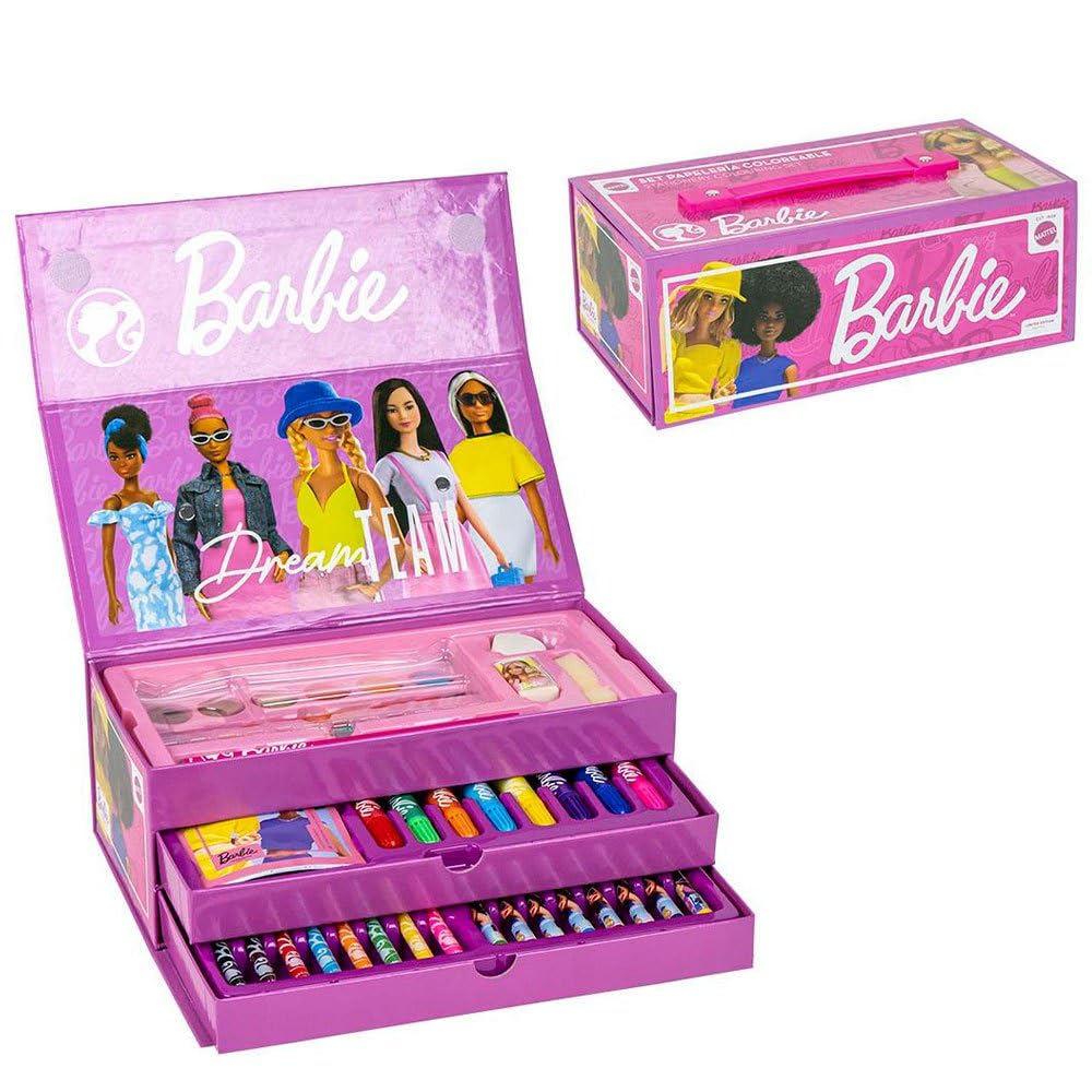 Set de Papeleria Inspirado en Barbie - Color Rosa - 26 X 10 X 13 Cm - Incluye Maletín con Todo Lo Necesario para Colorear - Producto Original Diseñado en España