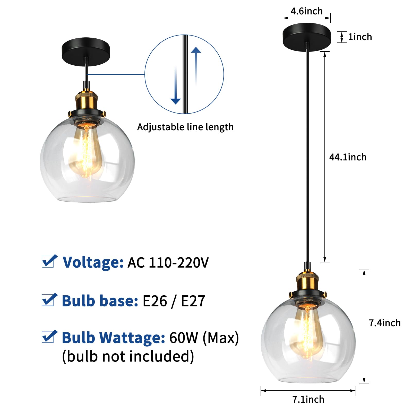 SEABLE Globe Pendant Light Fixture Modern Black Hanging Light with