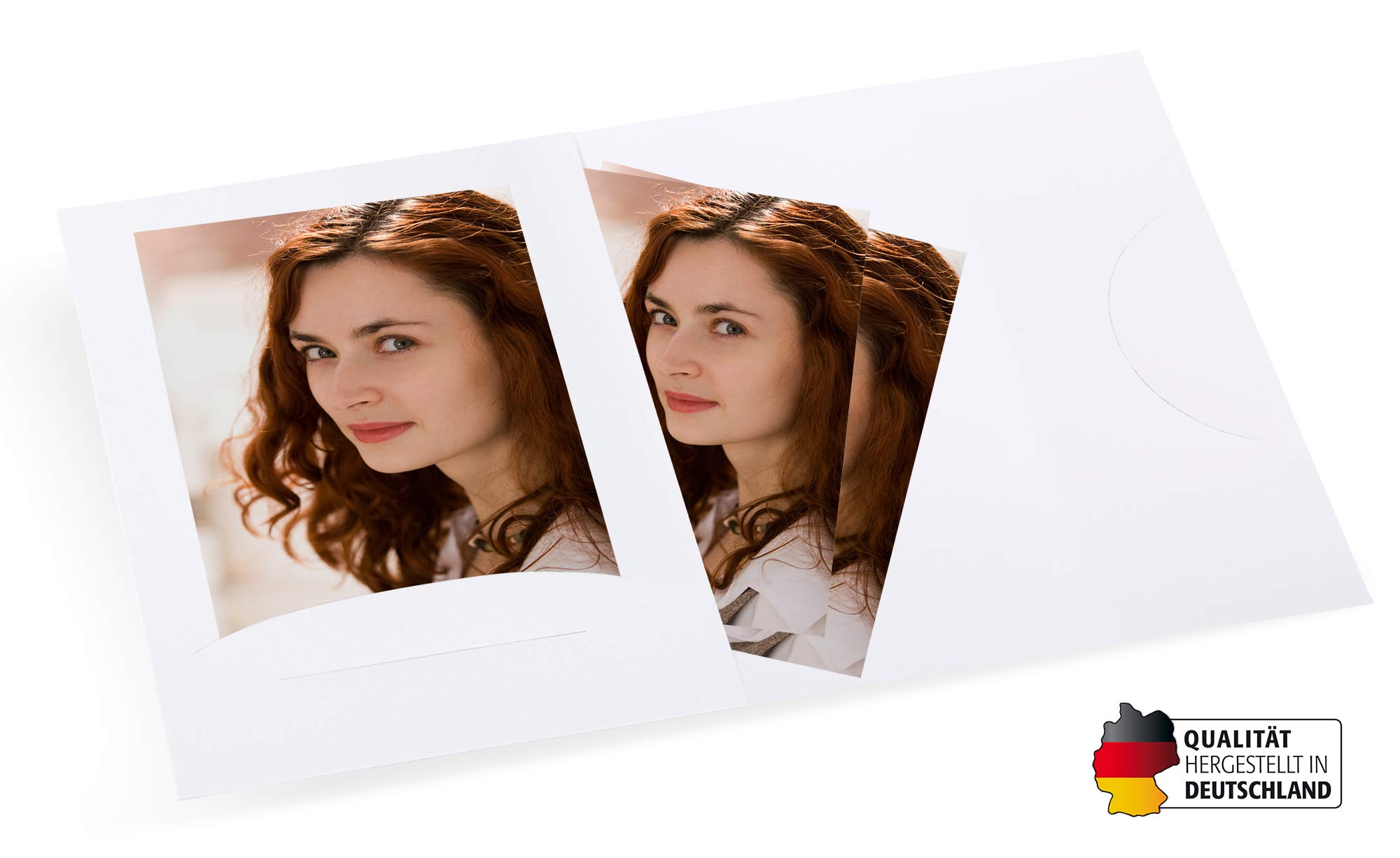 100 Stück Pass- und Bewerbungsbild-Kombimappe mit zwei Einsteckschlitzen und einer Fototasche Bilder im Format 4,5 x 6 cm und 7 x 10 cm (ohne Passepartout) Leinen weiß