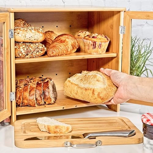 Miniatura 2 de OLOTU Paneras de almacenamiento de 2 capas con ventana transparente, soporte para pan retro para encimera de cocina, contenedor de pan creativo de