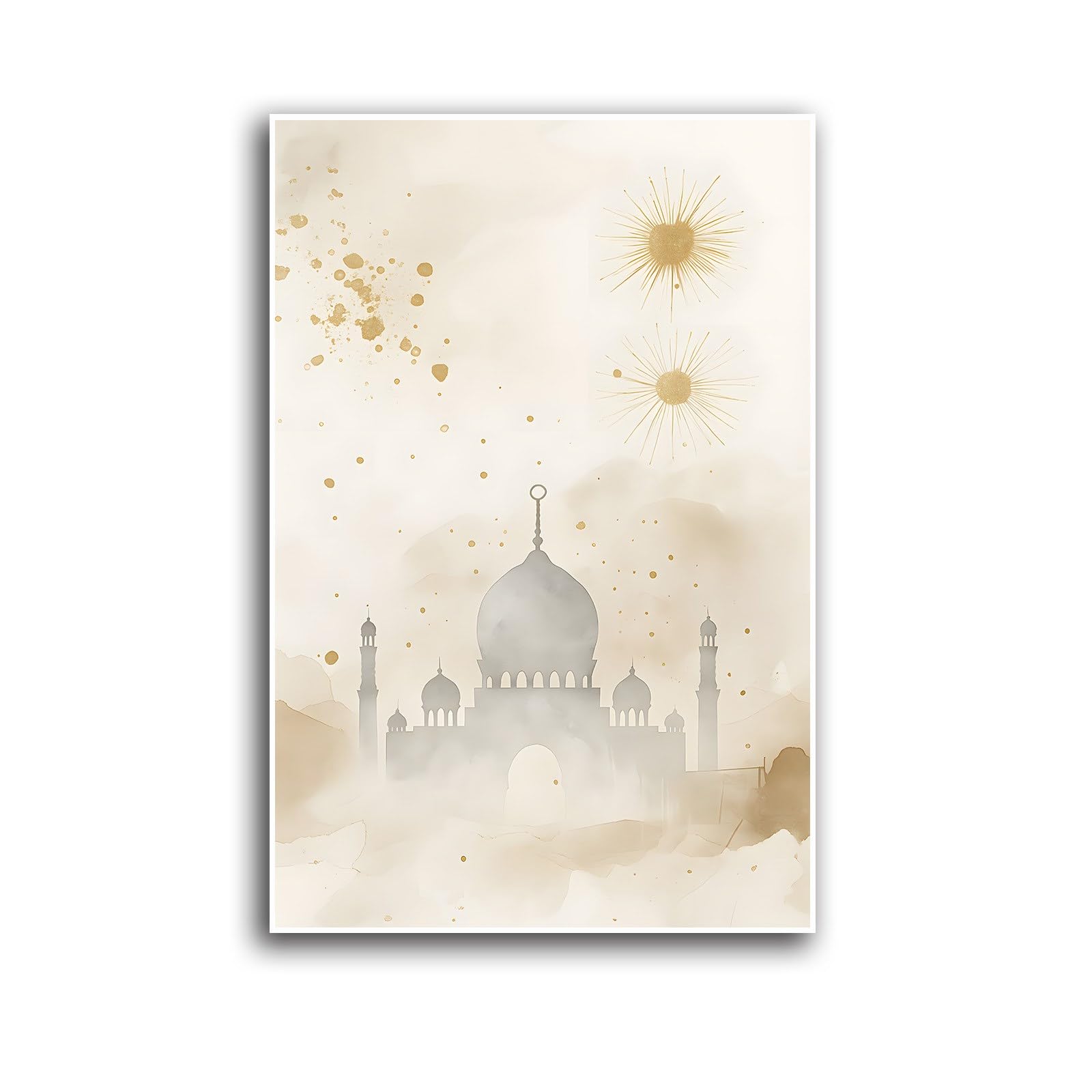 Islamic Mosque Silhouette Canvas Wall Art Gold Accents Watercolor Wash Decor Poster Print Muslim Gifts Minimalist Elegant Style Serene Islam Religious Home Prayer Room Wall Decor UnFramed