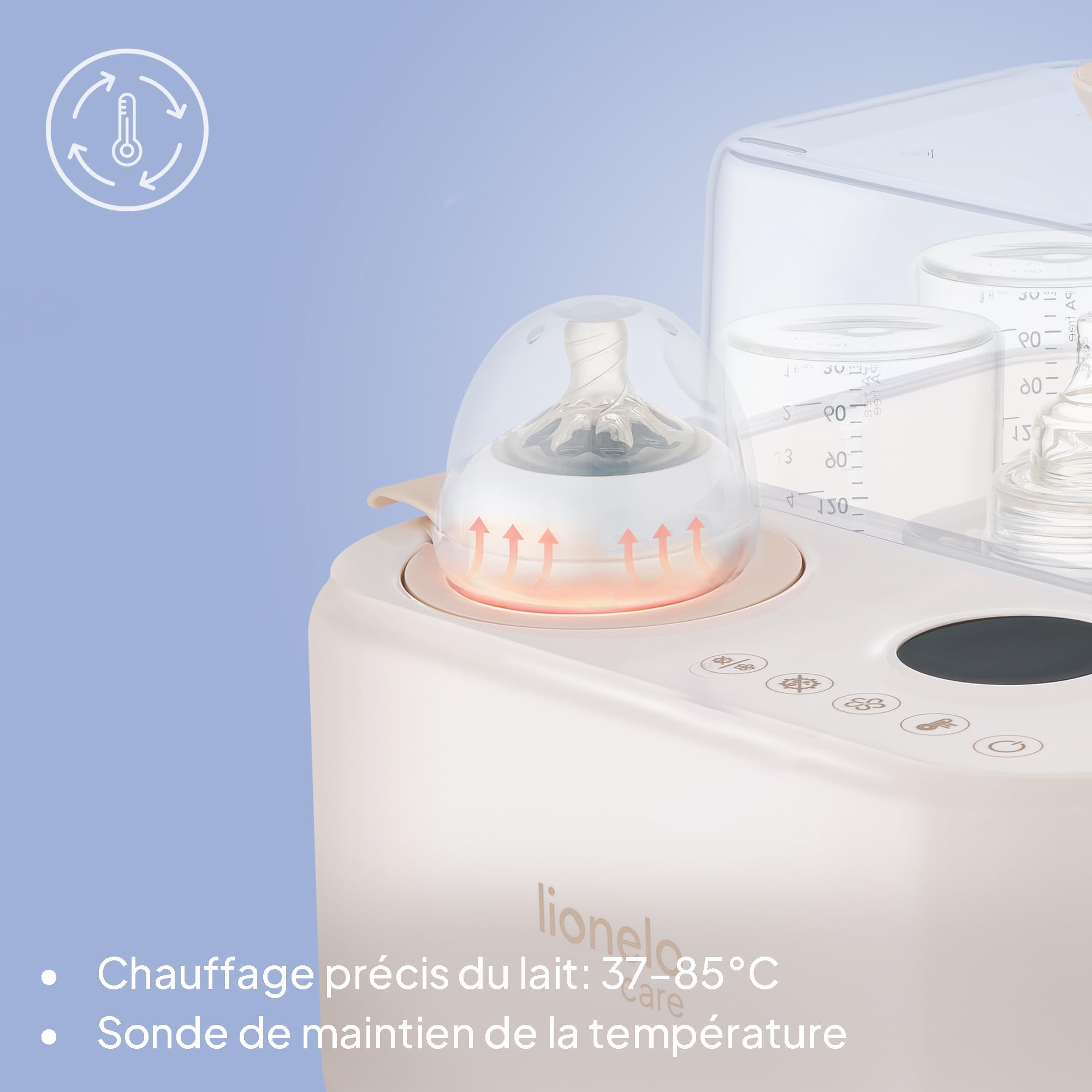Lionelo Steamup Stérilisateur Biberon 3 en 1, Séchage et Chauffe-Biberon | Jusqu’à 4 biberons, stérilisation vapeur à 100°C, élimine 99,99 % des bactéries, écran tactile et arrêt automatique