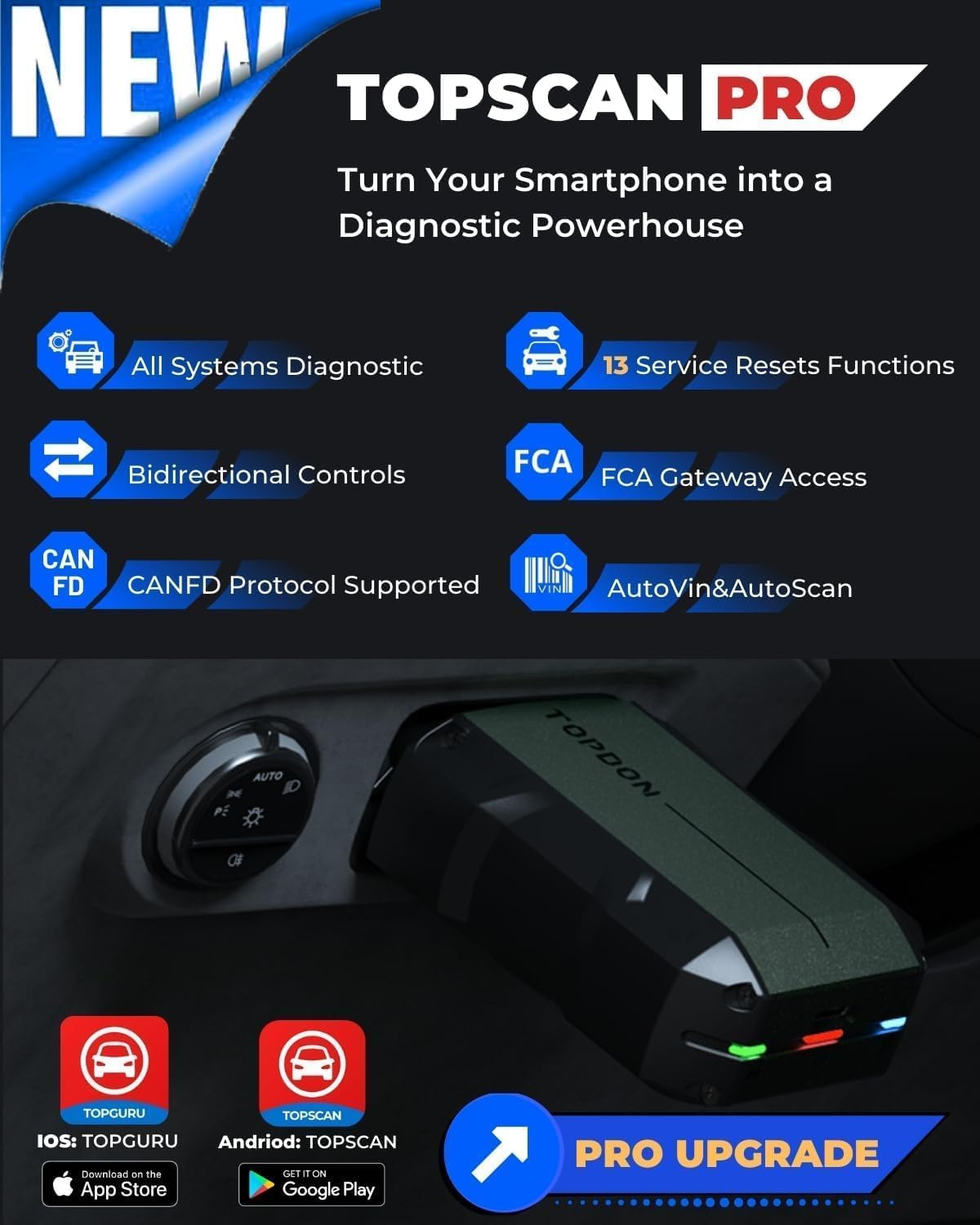 TOPDON TopScan Pro, diagnostyk OBD2 z Bluetooth, diagnostyk samochodowy, narzędzie diagnostyczne OBDII do wszystkich pojazdów, 13 Funkcja, czytnik kodów dla systemów iOS i Android, FCA i CAN-FD