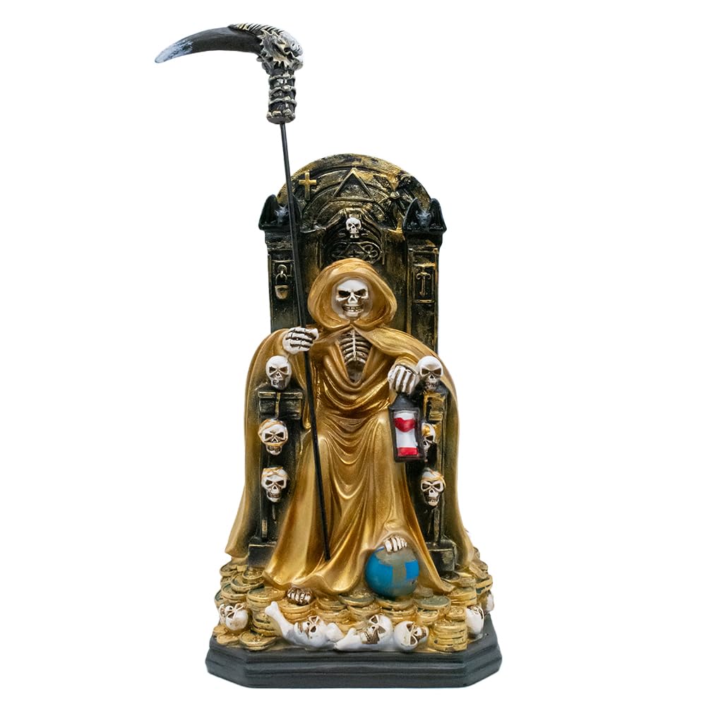 Village Gift Importers Gold-Tone 8" Santa Muerte On A Throne Statue | Our Lady Of A Holy Death | Skeleton Statue Robed In Black Or Gold With Coins At Her Feet (Gold-Tone)