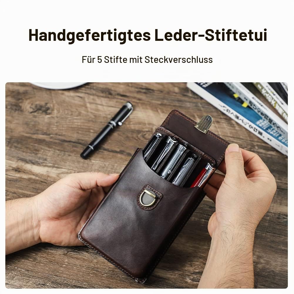 Hiram Federmäppchen aus Lederaus Leder für 5 Füllfederhalter Tragbar Echtes Leder Aufbewahrungsetui für Füllfederhalter mit Gesichertem Messingverschluss und Stiftablage-Design (Kaffee)