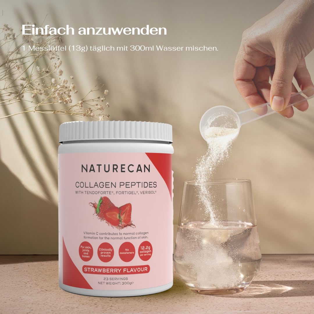 NATURECAN Peptydy kolagenowe, z witaminą C, cynkiem i miedzią, 12,5 g kolagenu na porcję, łatwo rozpuszczalne, wyprodukowano w Niemczech (600 g, Truskawka)