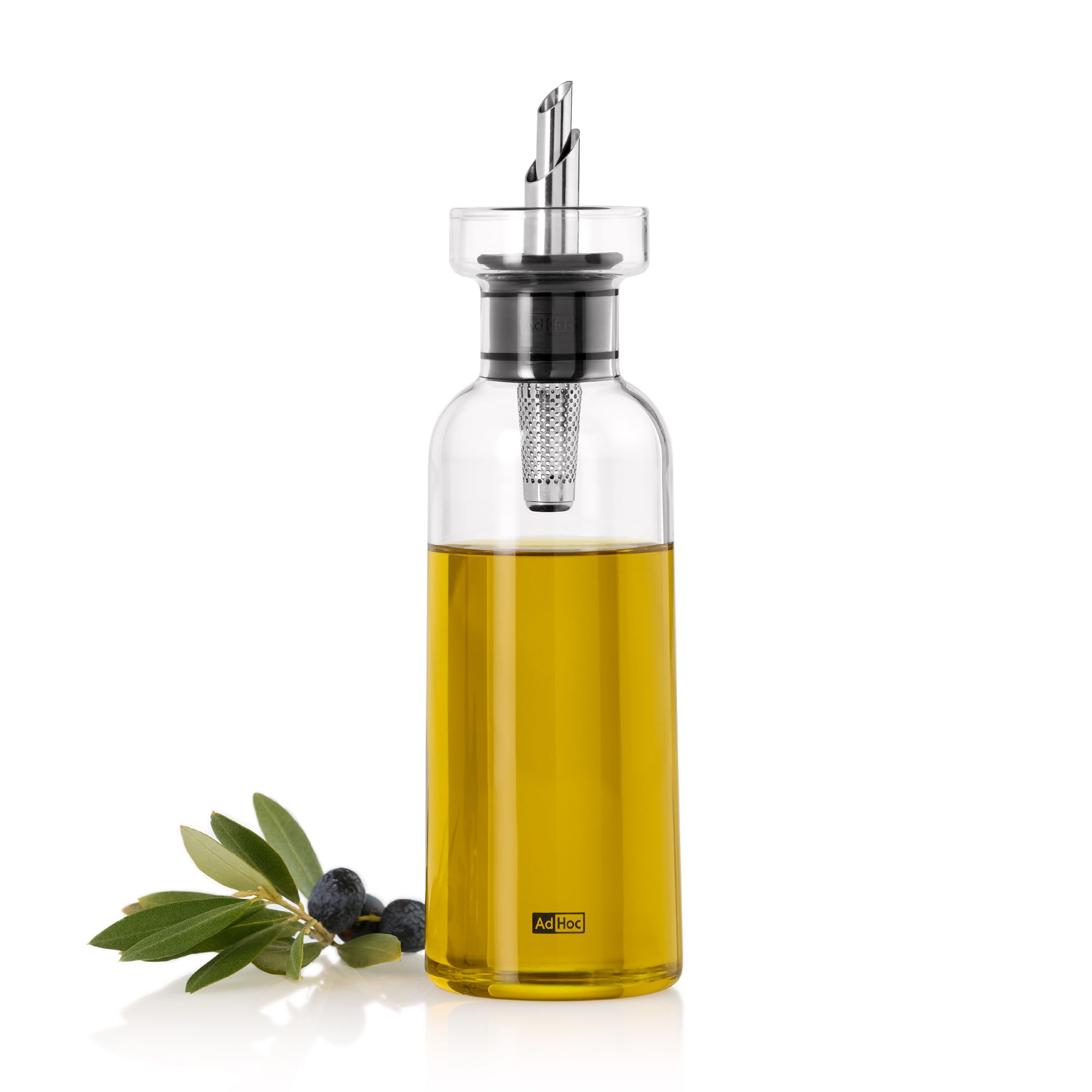 AdHoc AromaPour Ölflasche und Essigspender mit passendem Holz Untersetzer | Mit PreciseFlow Ausgießer aus Edelstahl für tropffreies Dosieren, Premium Geschenkset aus 2x 300ml Glasspender und Tablett