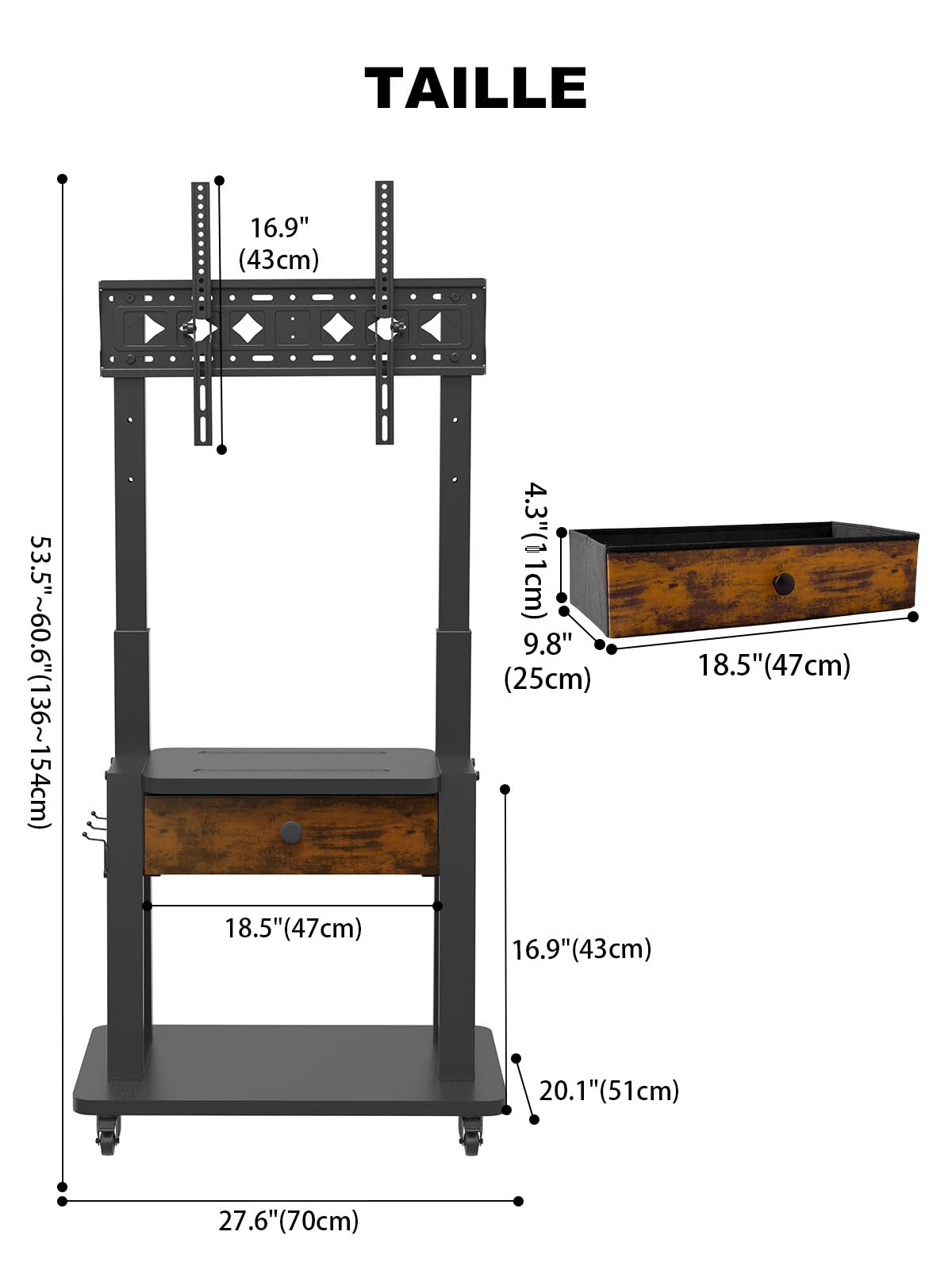 Support TV Roulant avec tiroir de Rangement en Tissu pour écran Plat/incurvé de 32 à 75 Pouces jusqu'à 100 kg LCD/LED/OLED Hauteur réglable Chariot TV Mobile avec Roues pour la Maison, Le Bureau et