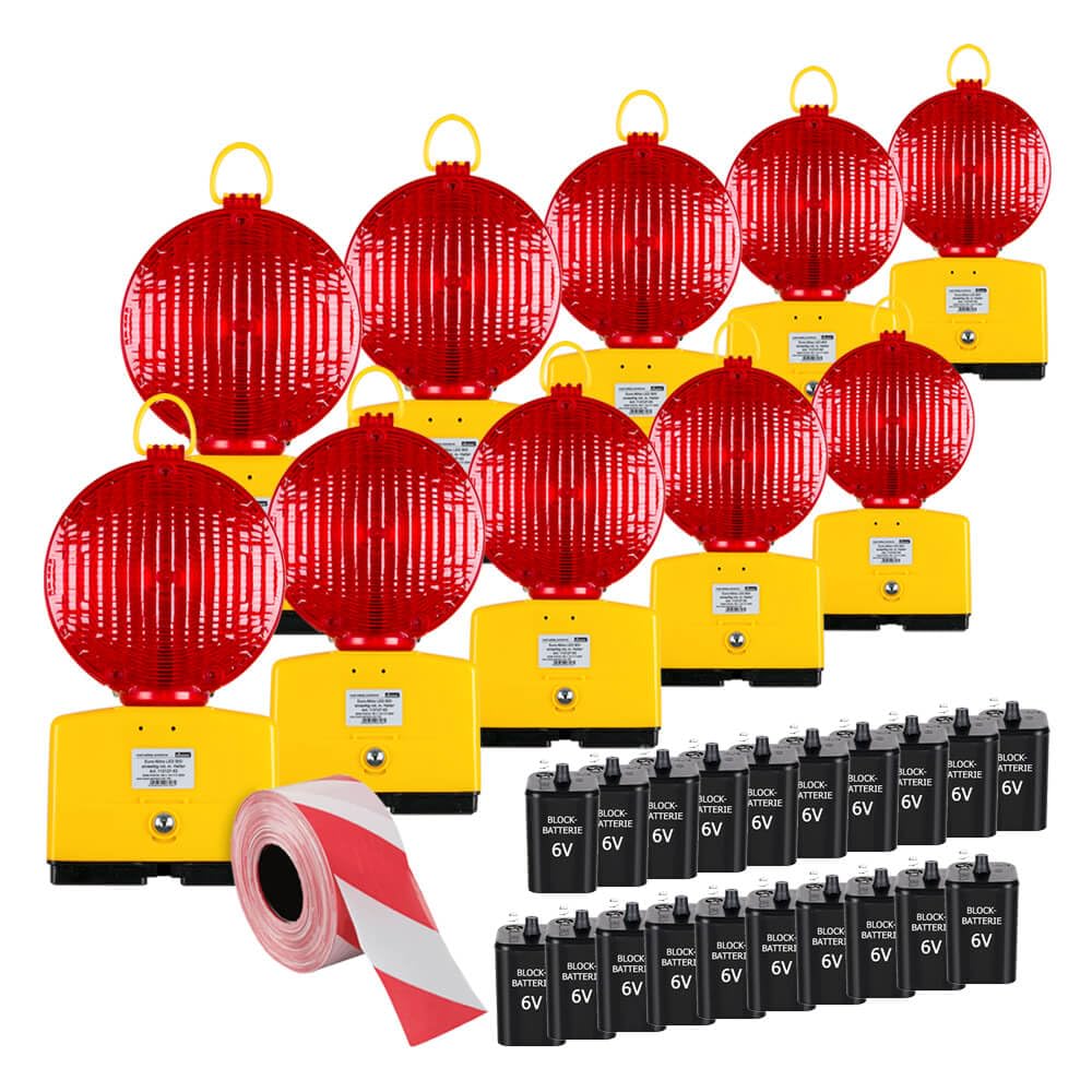 BIGPACK 10 x NISSEN Blitzleuchte EURO LED, rot, inkl. Batterien + Absperrband, Art.-Nr. 611184