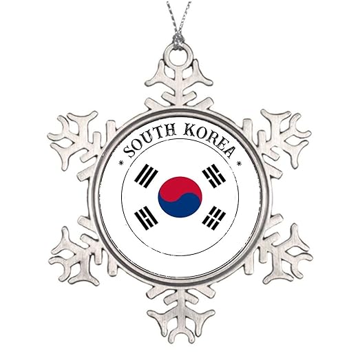 South Korea Flag Pewter Ornament Metal Snowflake Christmas Tree Hanging Decoration Housewarming Gifts 3 Inch Xmas Souvenir for Friends and Families Made in USA