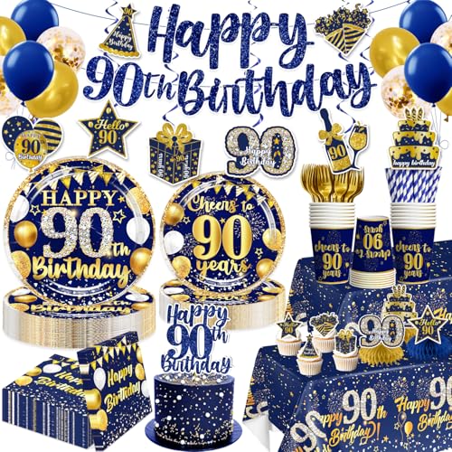 Yingoto 201 PCS 90th Birthday Decorations for Men Navy Blue and Gold Happy 90th Birthday Party Supplies Includes Banner Balloon Cake Topper Plates and Napkins Serves 25 Guests