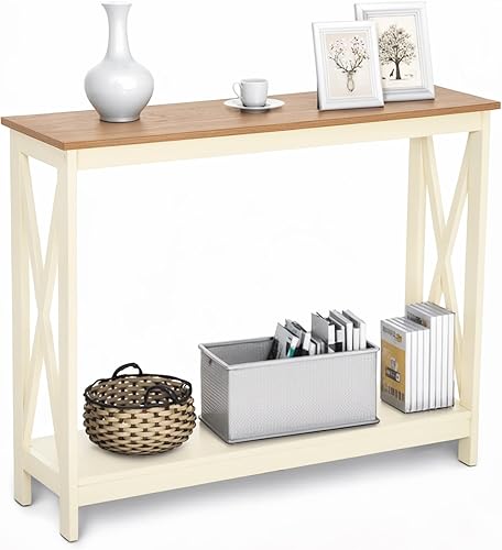 Miniatura 16 de MAISON ARTS Mesa auxiliar de granja de 39 pulgadas, juego de mesa auxiliar de 2 niveles con almacenamiento para sala de estar, mesa central rústica