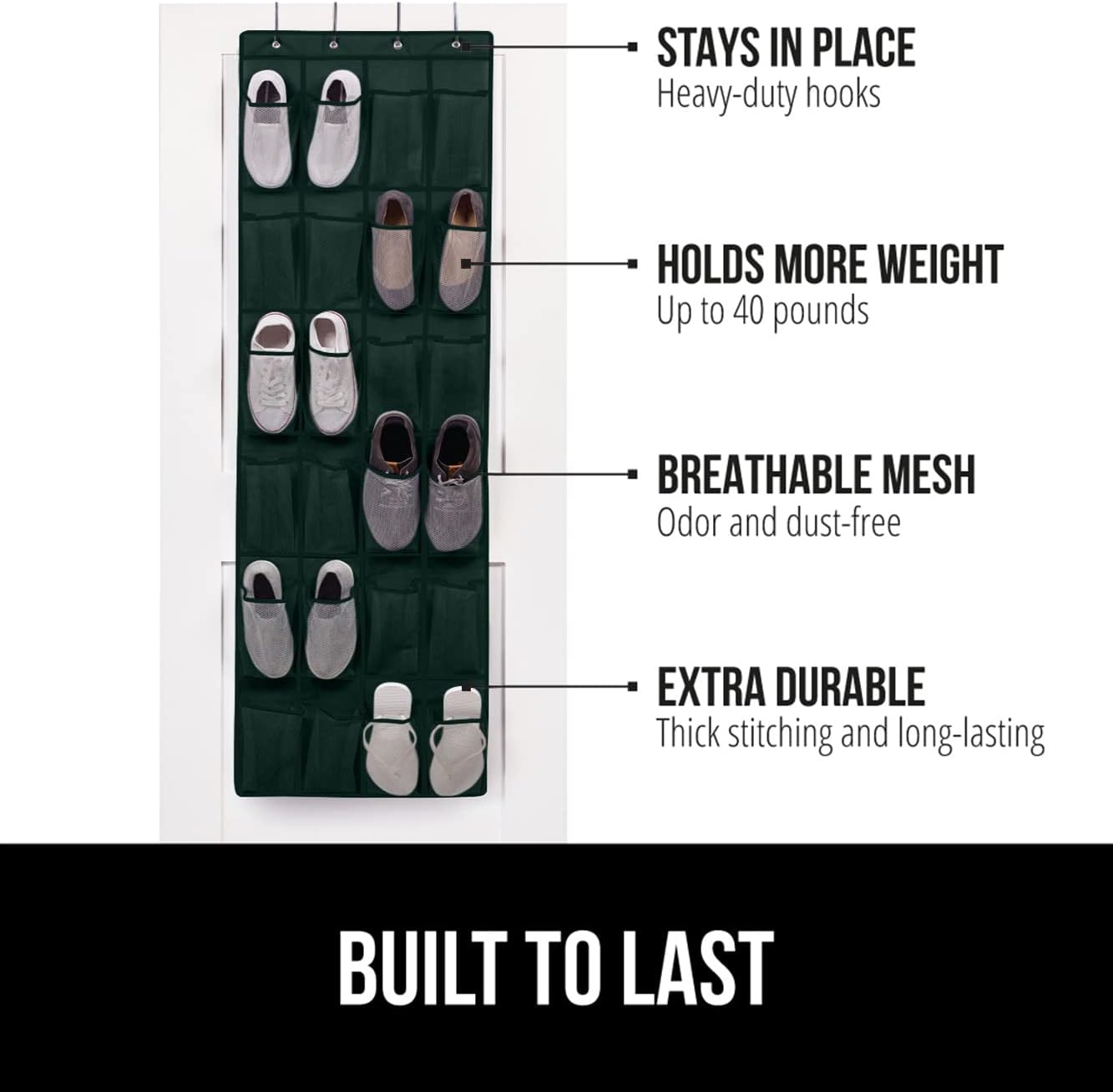 Gorilla Grip Shoe Holder Rack for Over the Door, 24 Mesh Pockets Hold up to 40 Lbs, Back of Closet Organizer, Behind Door Hanger, Nonslip Holders, Shoes, Sneakers Home Accessories, 2 Pack Hunter Green
