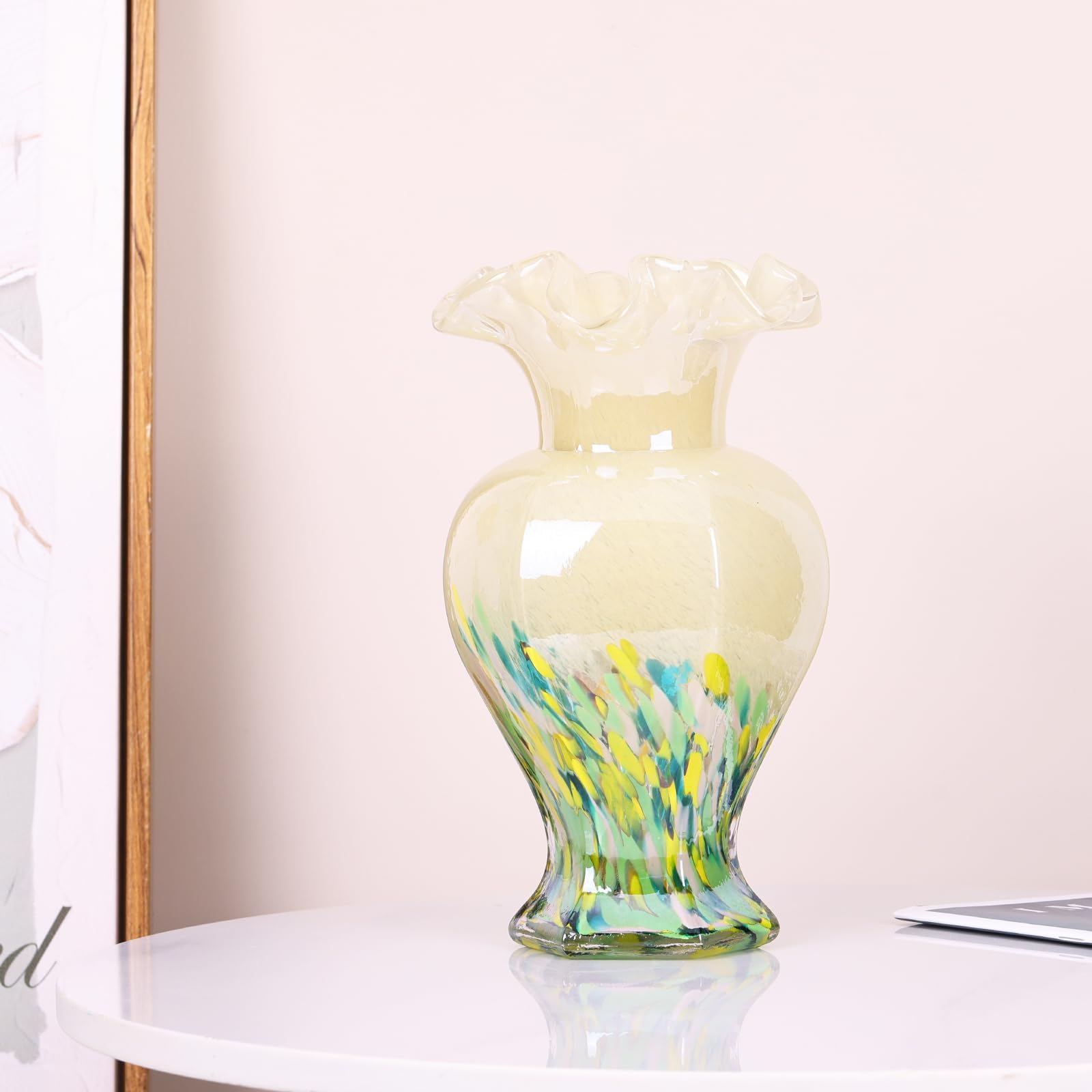 LCCCK Vaso di vetro verde alto 24,1 cm, bellissimo vaso di fiori in vetro soffiato a mano per centrotavola, vaso moderno in vetro di Murano verde, per decorazione domestica, tavolo, ingresso