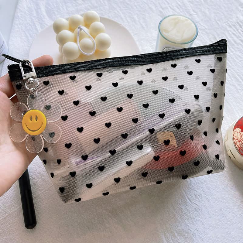 3 Pieces Heart Print Mesh Makeup Bags Sets Zipper Cosmetic Bag for Women Girls Toiletry Pouch Storage Organizer Bags Portable Travel Pouch Beige Home Office Smiley flower pendant3