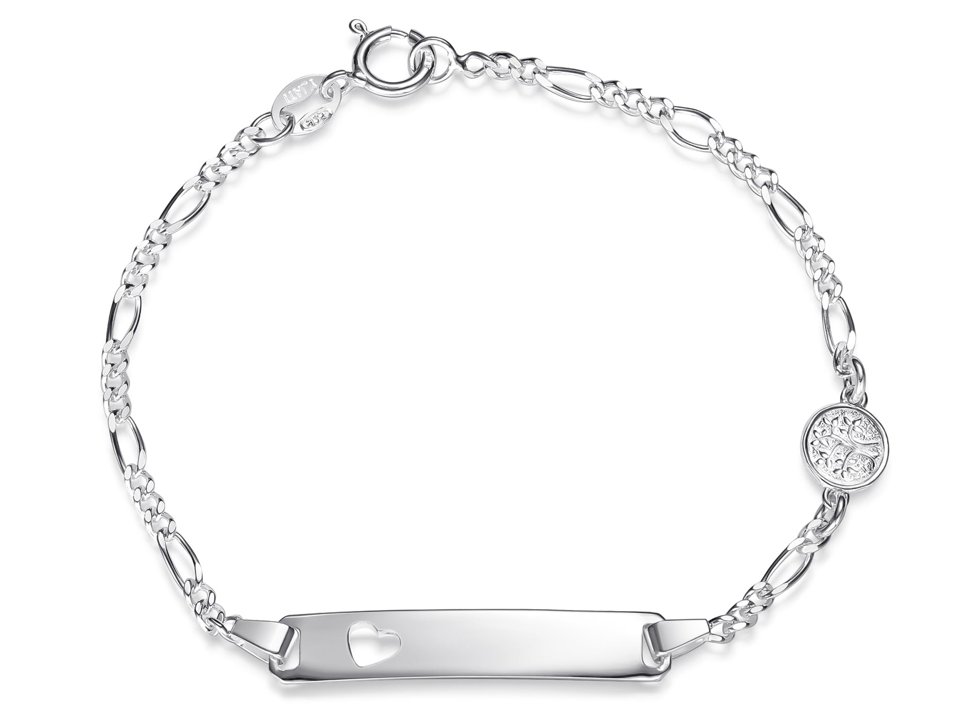 SILBERKETTEN STORE DEIN SCHMUCK ONLINE SHOP ID-Gravurarmband Figaro 2,4mm Lebensbaum | Herz in der Gravurplatte | aus echt 925 Silber | inkl. Gravur