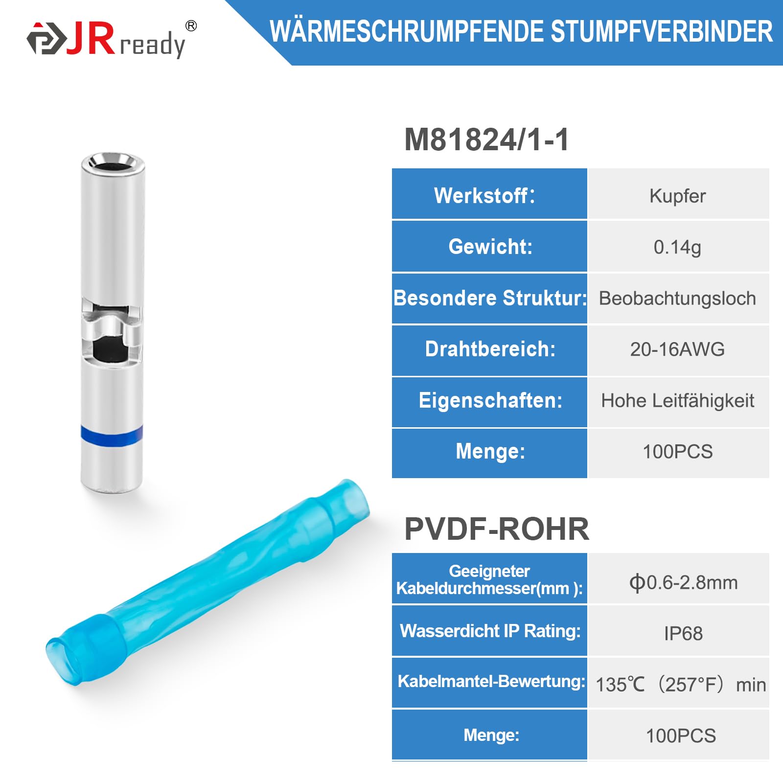 JRready ST6494-16-100 MiniSeal Crimp Empalme: 50 juegos de empalme a tope azul 20-16 AWG (JWS81824/1-2), conexión de cable a cable con temperatura alternativa. PVDF/PE mangueras