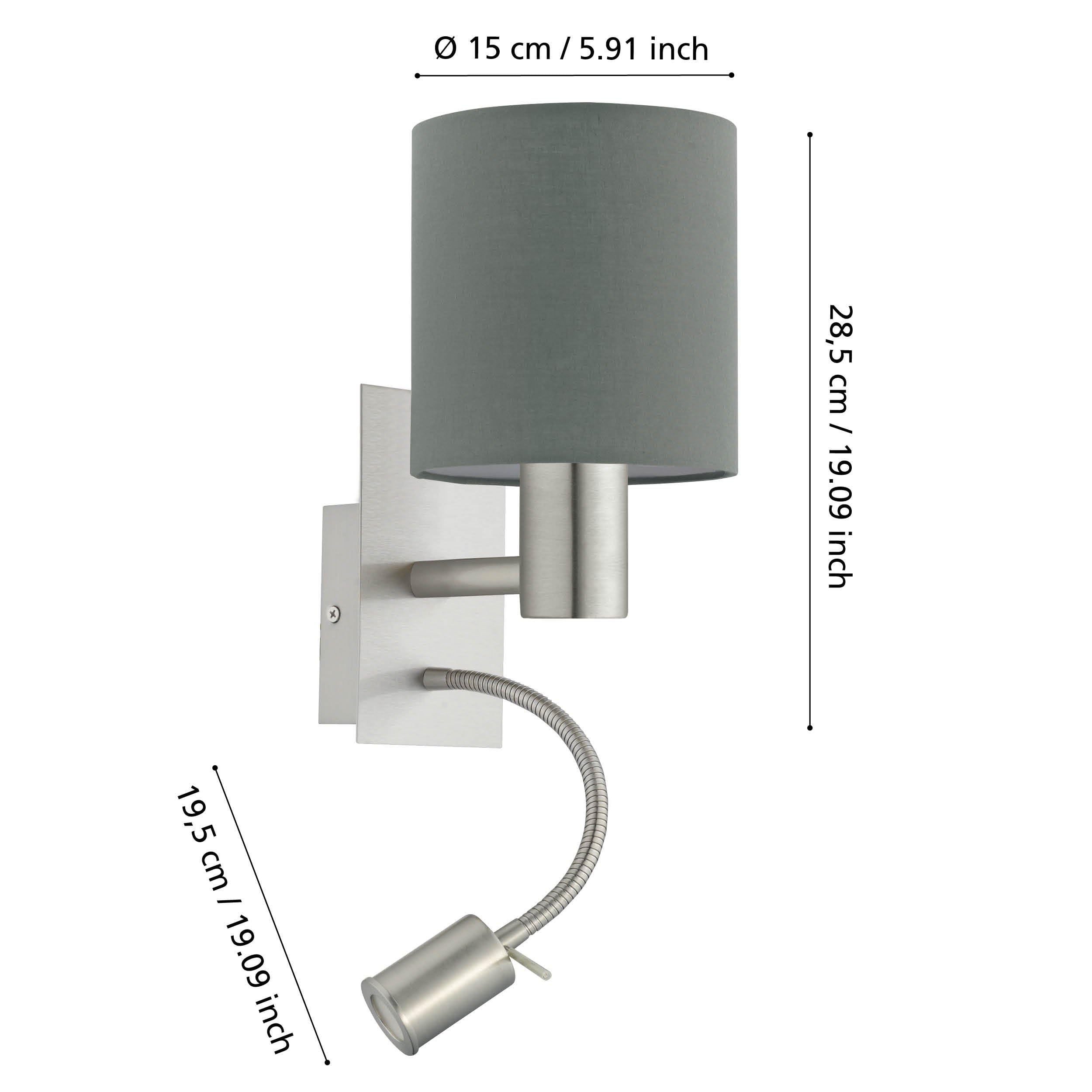 EGLO LED lampa ścienna PASTERI, 2-ogniskowa tekstylna lampa ścienna | materiał: stal, tkanina, kolor: nikiel matowy, szary, oprawka: E27, z przełącznikiem i elastyczną lampą do czytania LED