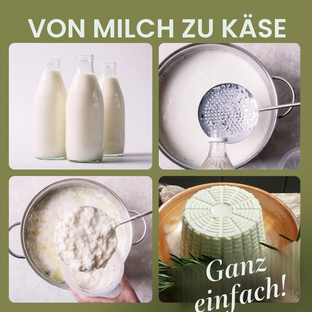 Einfaches Käseherstellungs-Set,5 Käseformen + Käsebuch,Hergestellt in Italien,Rezepte zur Herstellung von Ricotta, Paneer, Ziegenkäse, Quark und mehr,Professionelles Käsepressen-Korb-Set von Sieben