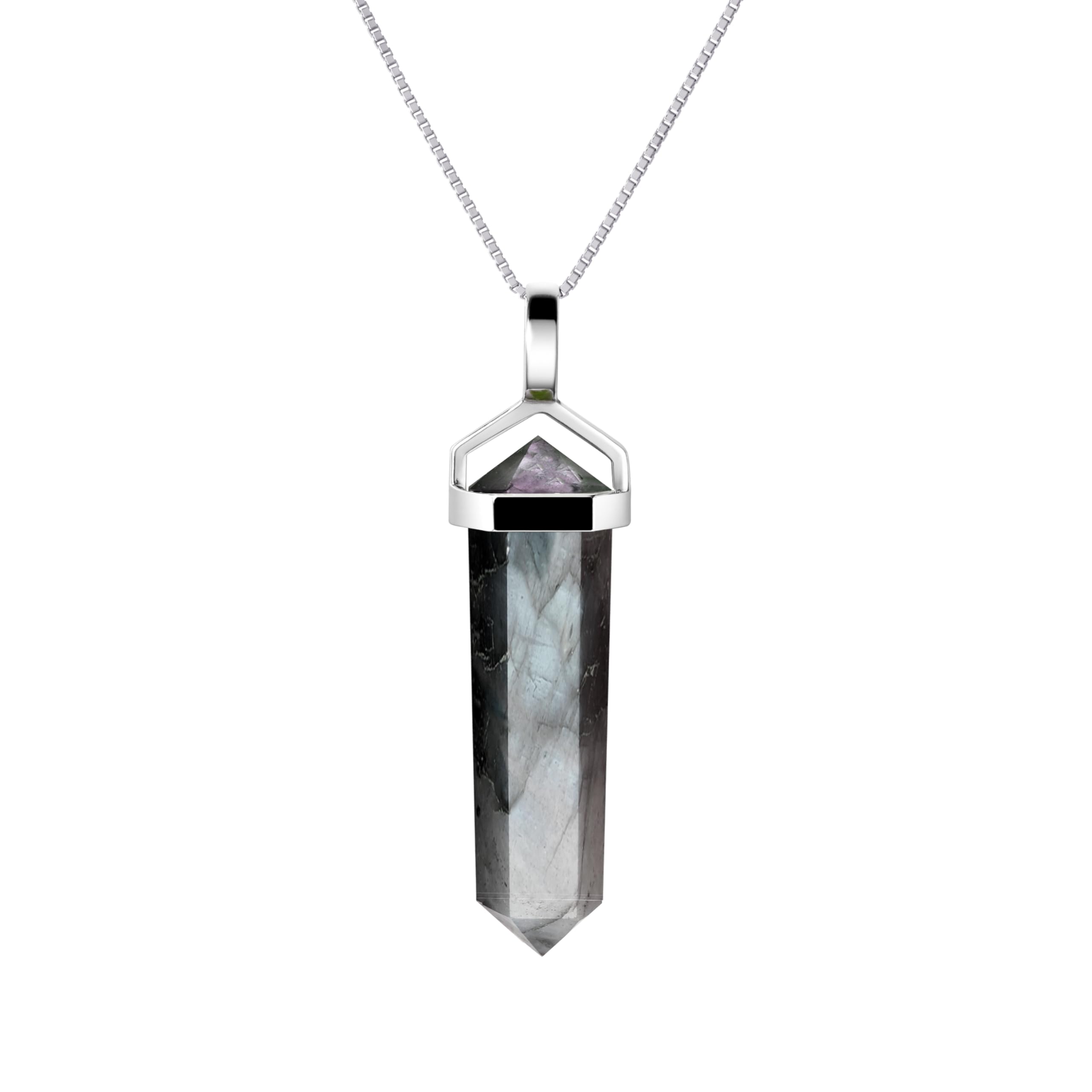 Large Labradorite Gemstone & Sterling Silver Double Point Pendant Necklace. on Silver Chain. Length:50 cms