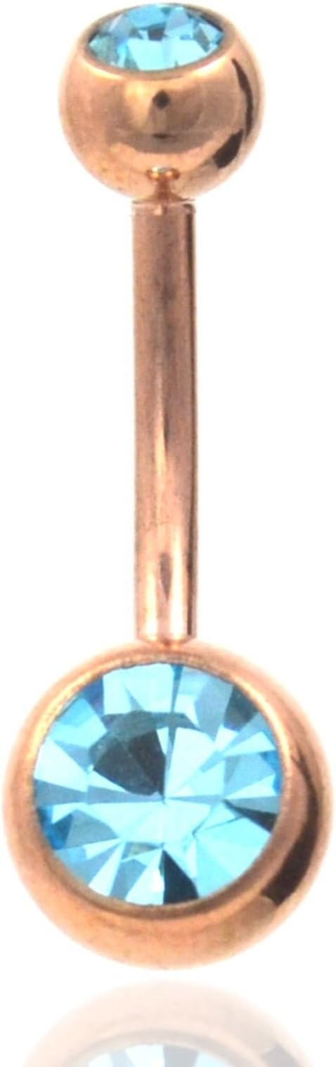 Rose Goldtone IP Steel Two Gem (Aqua) Navel Ring 14G 3/8 Belly Button Piercing Jewelry