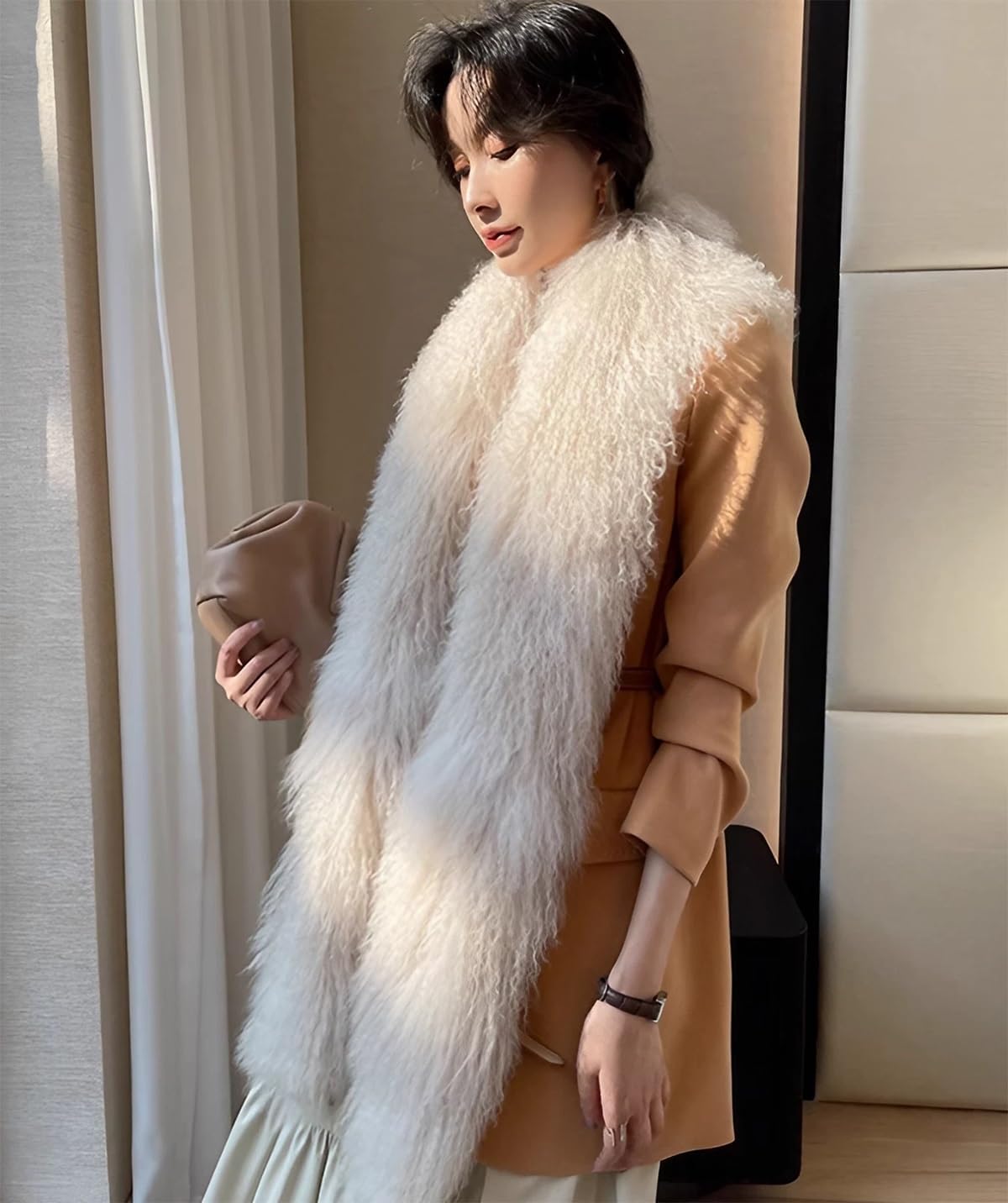 Women Real Mongolian Lamb Hair Scarf Winter Warm Wrap - Image 2