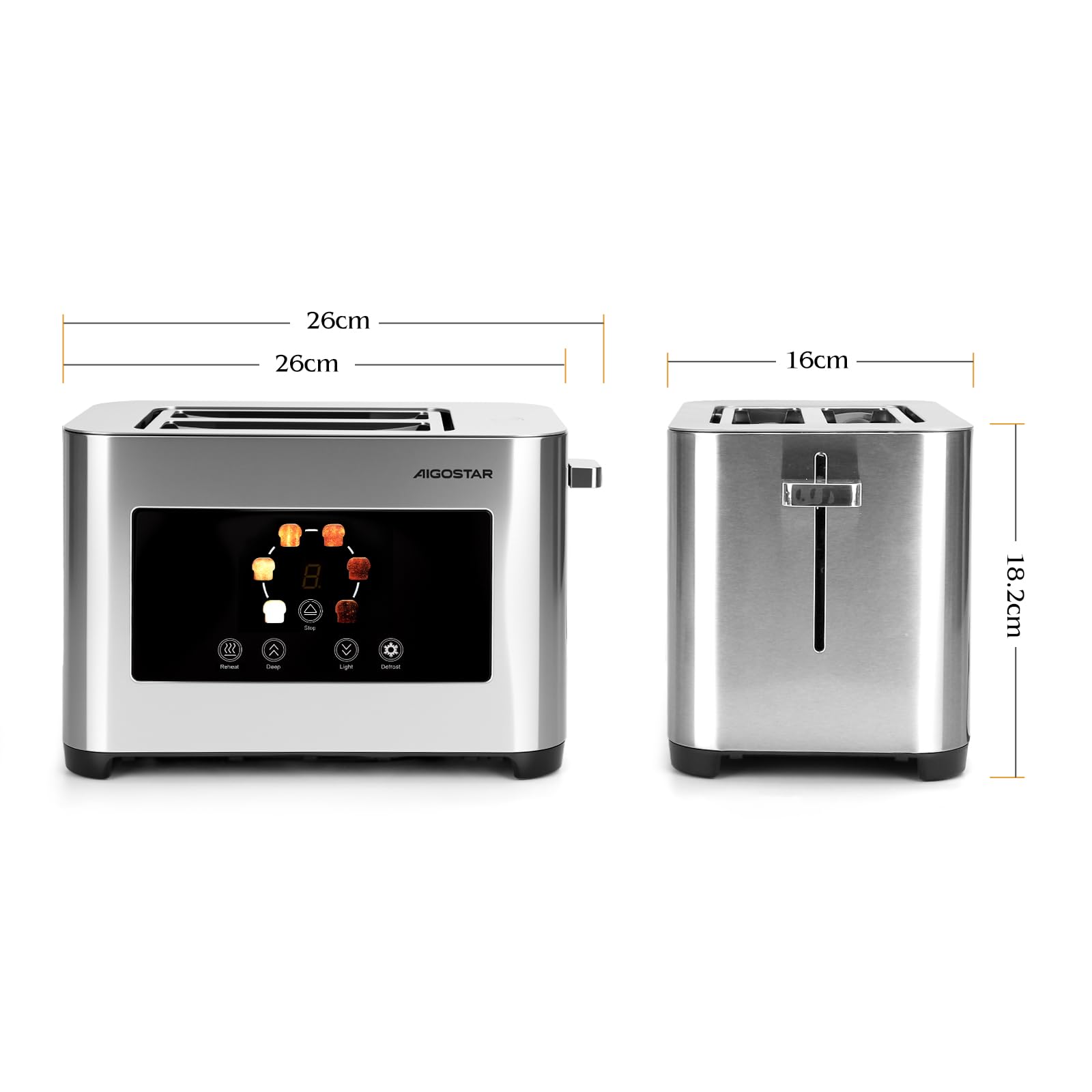 Aigostar Tostapane 2 Fette, LED Touchscreen, Fessure Extra Larghe da 4cm e Centratura Automatica, Tostapane con 6 Livelli di Tostatura, Funzioni di Riscaldamento/Scongelamento/Stop, 850W, Acciaio Inox